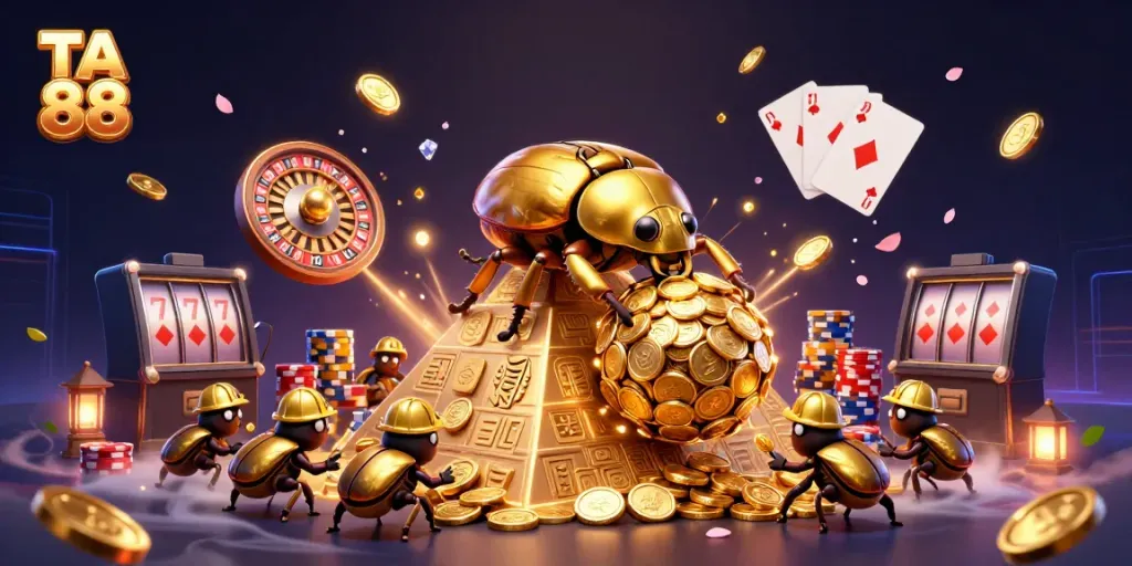 Engage with vibrant TA 88 casino action featuring golden beetles, coins, and game symbols.