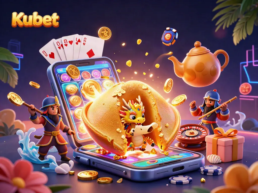 Kubet showcases a vibrant casino scene with a golden fortune cookie and a wise dragon amidst dynamic gaming elements.