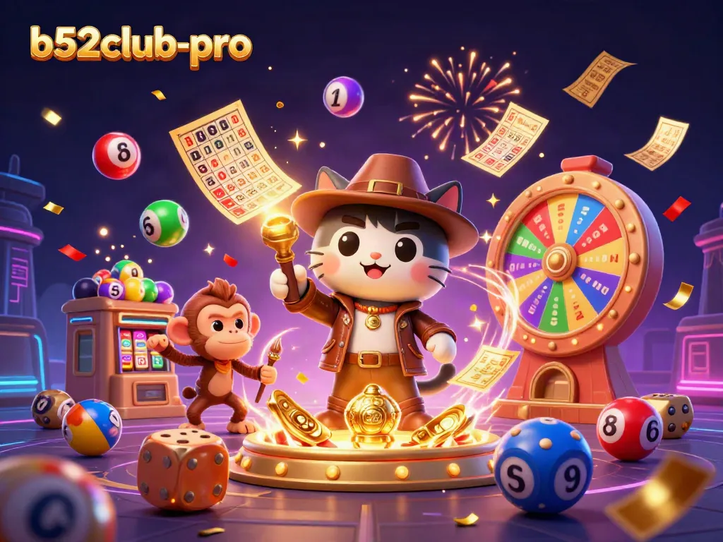 Engage in b52club-pro's vibrant gaming experience with a cartoon cat and monkey uncovering treasures.