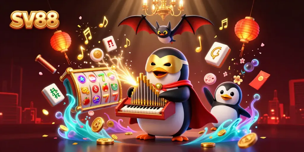 Experience excitement with SV88 as a penguin plays a golden organ amidst spinning slots and festive elements.