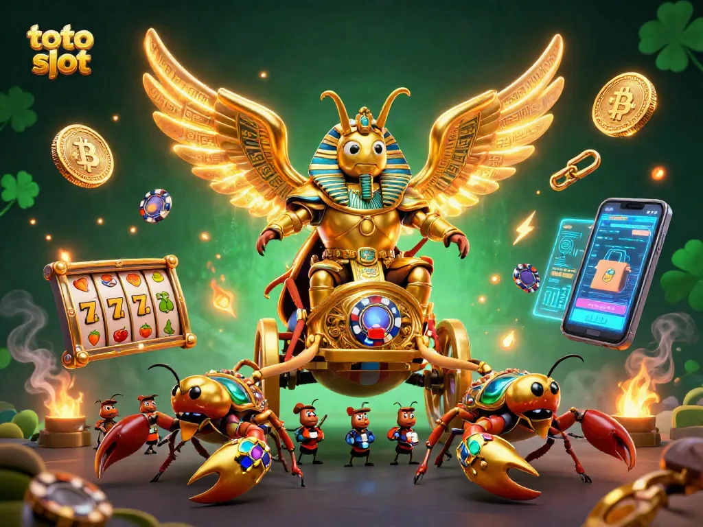 Play the exciting toto slot with a grand scene of a golden scarab beetle and game elements.