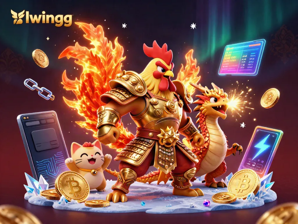 Experience thrilling action at llwingg with a fighting rooster, dragon, and crypto elements amid a vibrant casino scene.