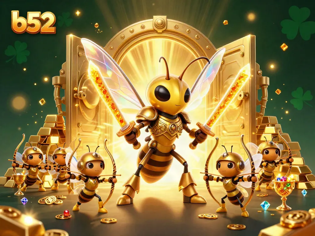 Experience the thrill of gaming at b52 with vibrant 3D illustrations of treasure and action.