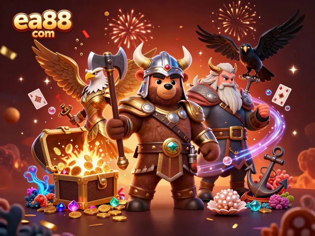 Win big with ea88 com in this vibrant casino illustration featuring exciting game elements and characters.