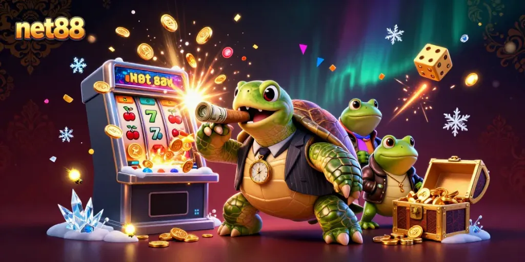 Experience thrilling moments with net88, featuring a lively casino scene with iconic characters.