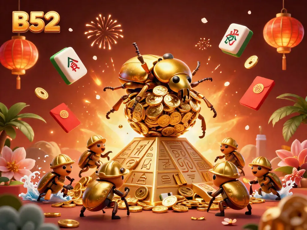 Engage with the thrilling world of B52, featuring golden beetles amidst vibrant casino elements.