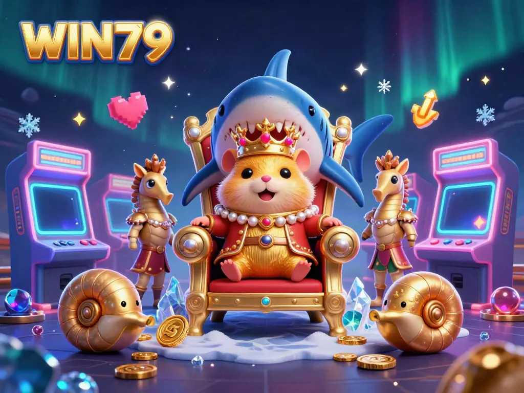 Engage with WIN79's lively 3D casino scene featuring a golden hamster king and vibrant gaming elements.