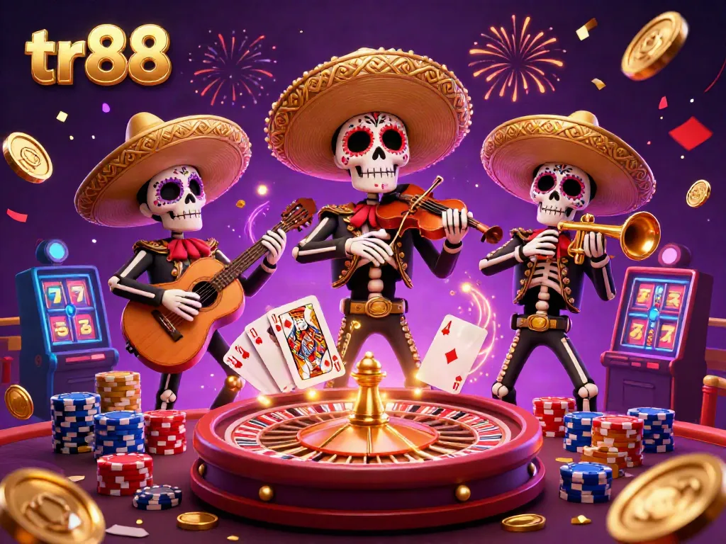 Experience thrilling wins at tr88's vibrant casino with lively mariachi skeletons, sparkling coins, and roulette action.