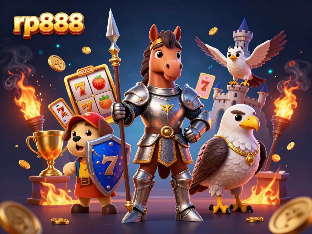 Experience vibrant slot gaming with rp888's rich 3D elements featuring knights and golden trophies.