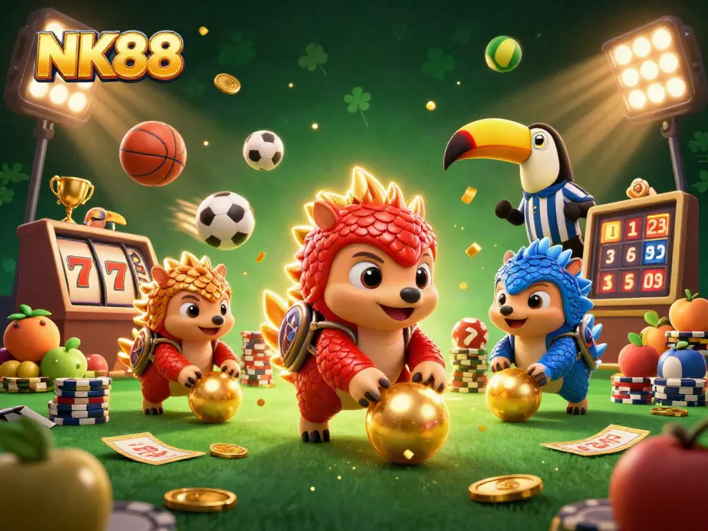 Engaging NK88 themed casino scene with rival pangolins in action, showcasing gaming elements.