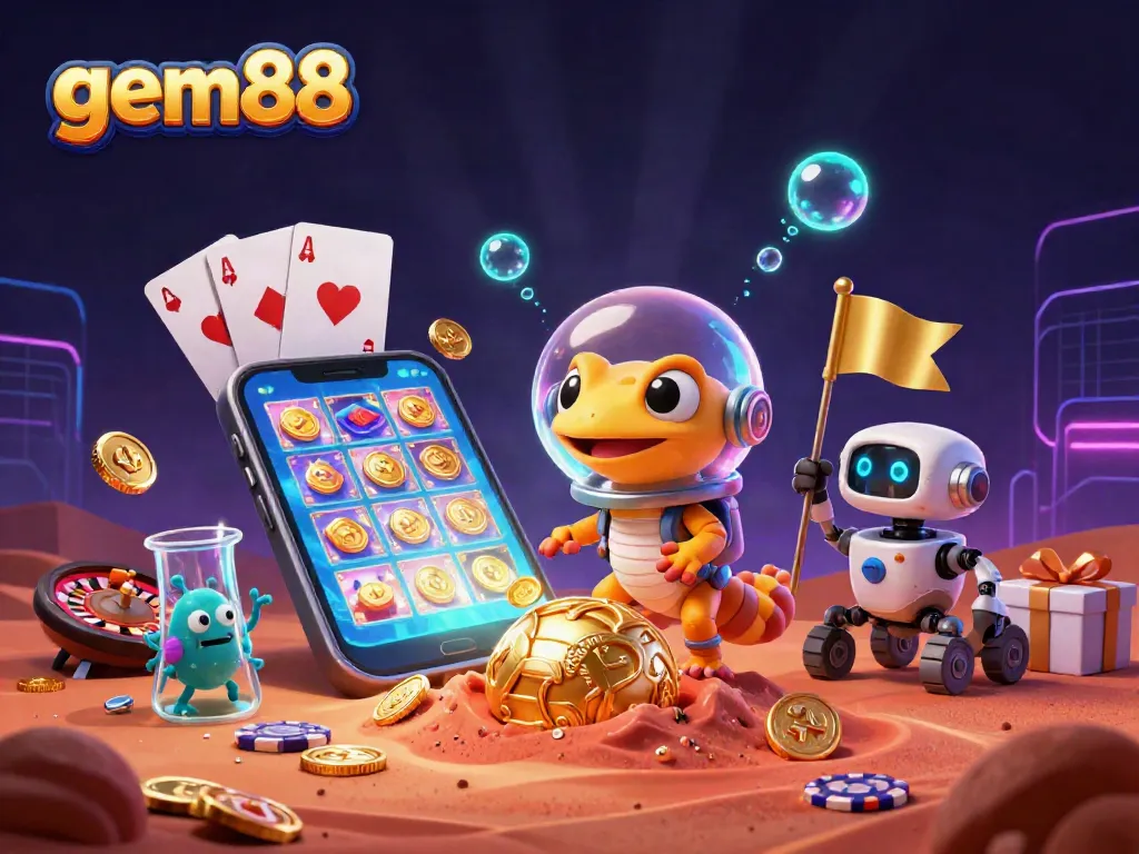Witness the adventure in gem88 as a Martian gecko explores a golden casino surrounded by vibrant gaming elements.