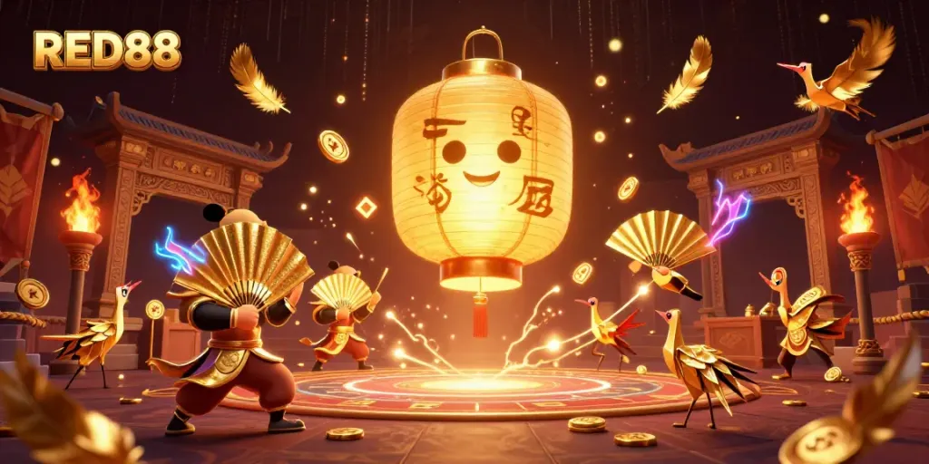Activate luck with RED88 at an animated casino featuring golden lantern spirits and vibrant elements.