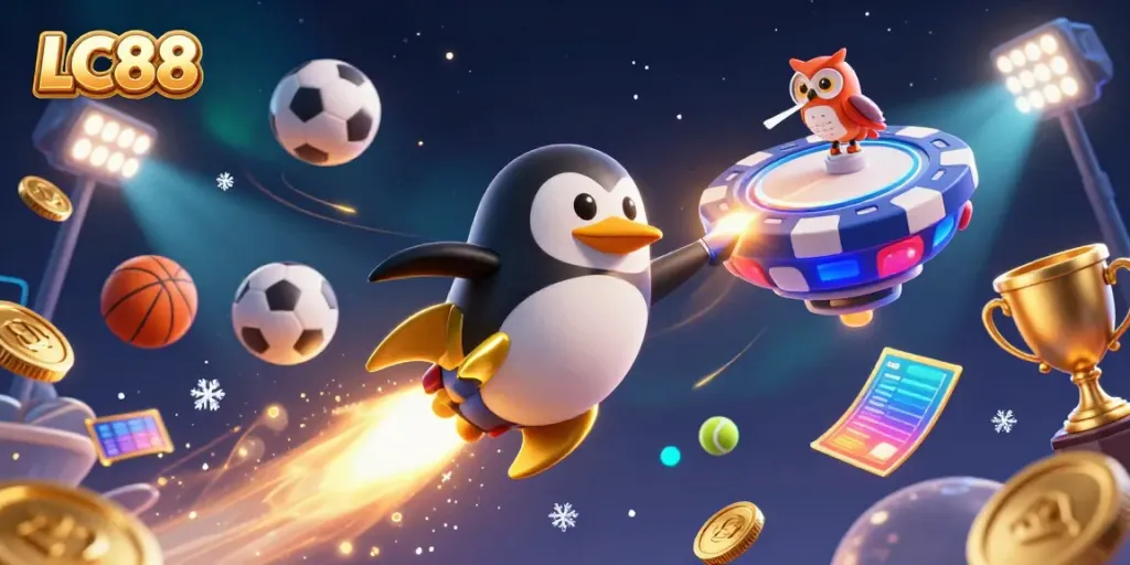 Experience exciting adventures at LC88 with a golden penguin blasting through space toward a casino station.