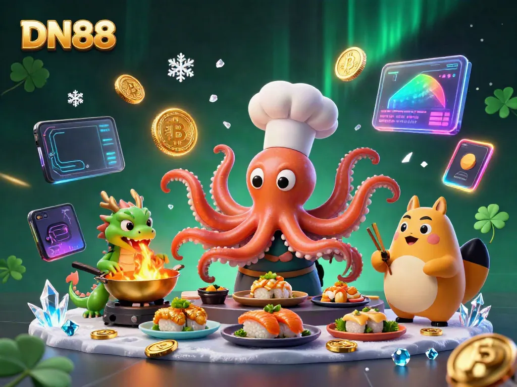 Experience thrilling gameplay at DN88 with a vibrant illustration featuring unique characters and glowing crypto elements.