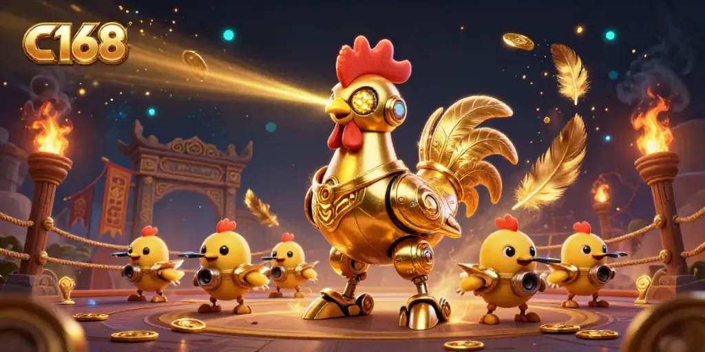 Experience the thrill of C168 with interactive golden rooster robots battling in a vibrant casino scene.
