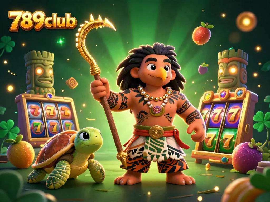 Engaging 789club illustration showcasing a vibrant casino scene with dynamic slot elements and a Polynesian demigod character.
