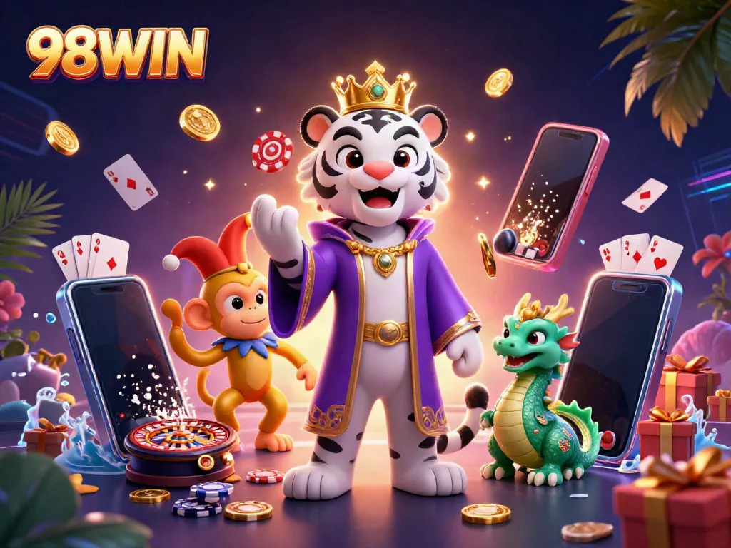 Experience the thrill of winning at 98WIN with engaging characters in a colorful casino setting.