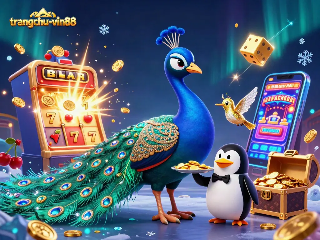 Experience dynamic gaming excitement at trangchu-vin88 with a vibrant jackpot scene, colorful symbols, and engaging characters.