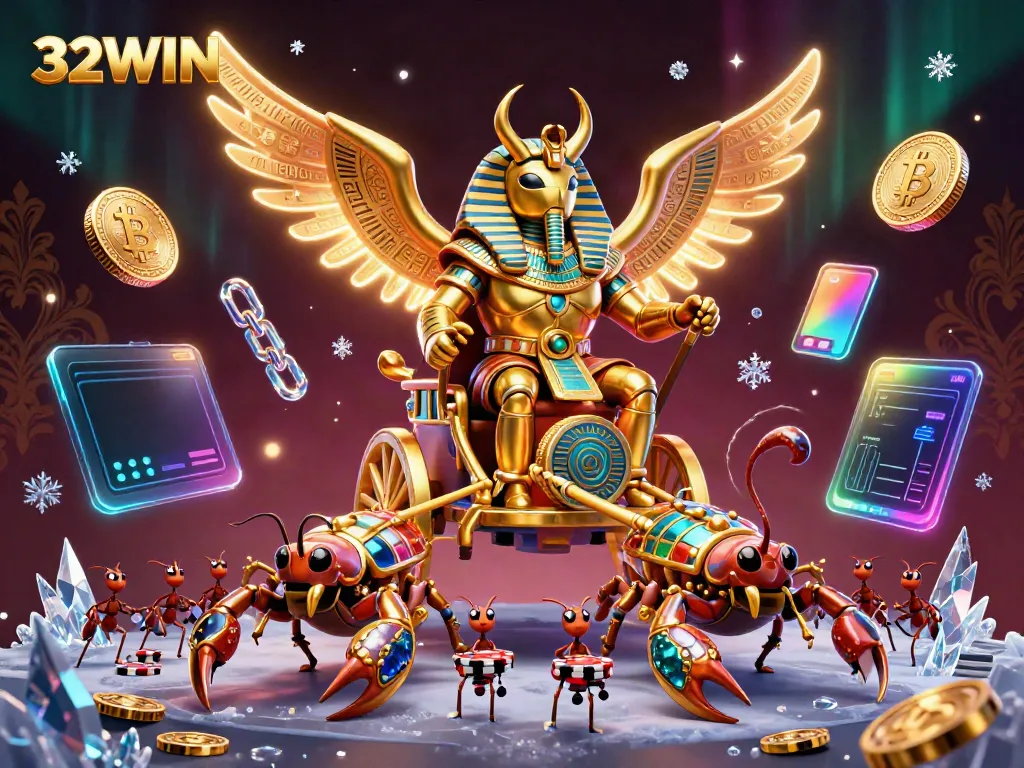 Experience the thrilling world of 32WIN as a golden scarab beetle leads a dynamic casino scene filled with rich gaming elements.