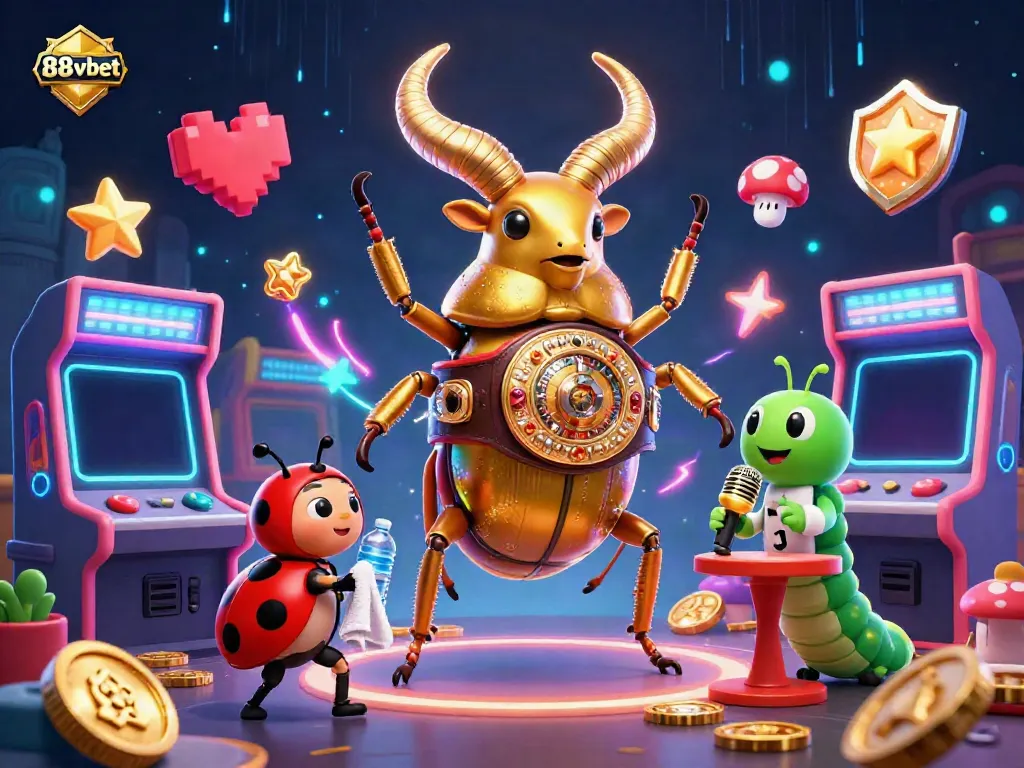 Engage in thrilling gameplay at 88vbet with a dynamic 3D casino scene featuring vibrant characters and arcade elements.