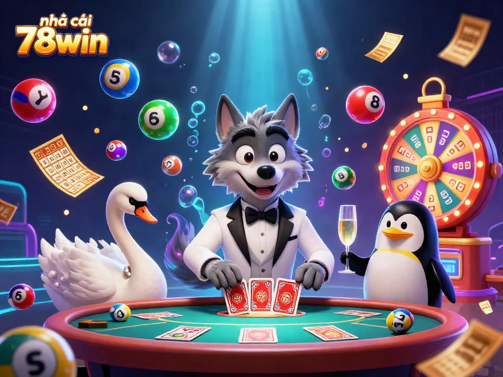 Experience thrilling gaming at nhà cái 78win with a sophisticated casino scene featuring lively characters.