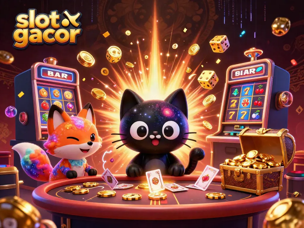Experience the vibrant energy of slot gacor with a cosmic cat and nebula fox at a casino.