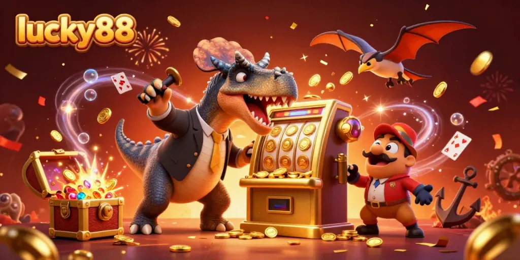 Experience exciting wins with lucky88 as vibrant characters celebrate jackpot rewards in a dynamic casino scene.