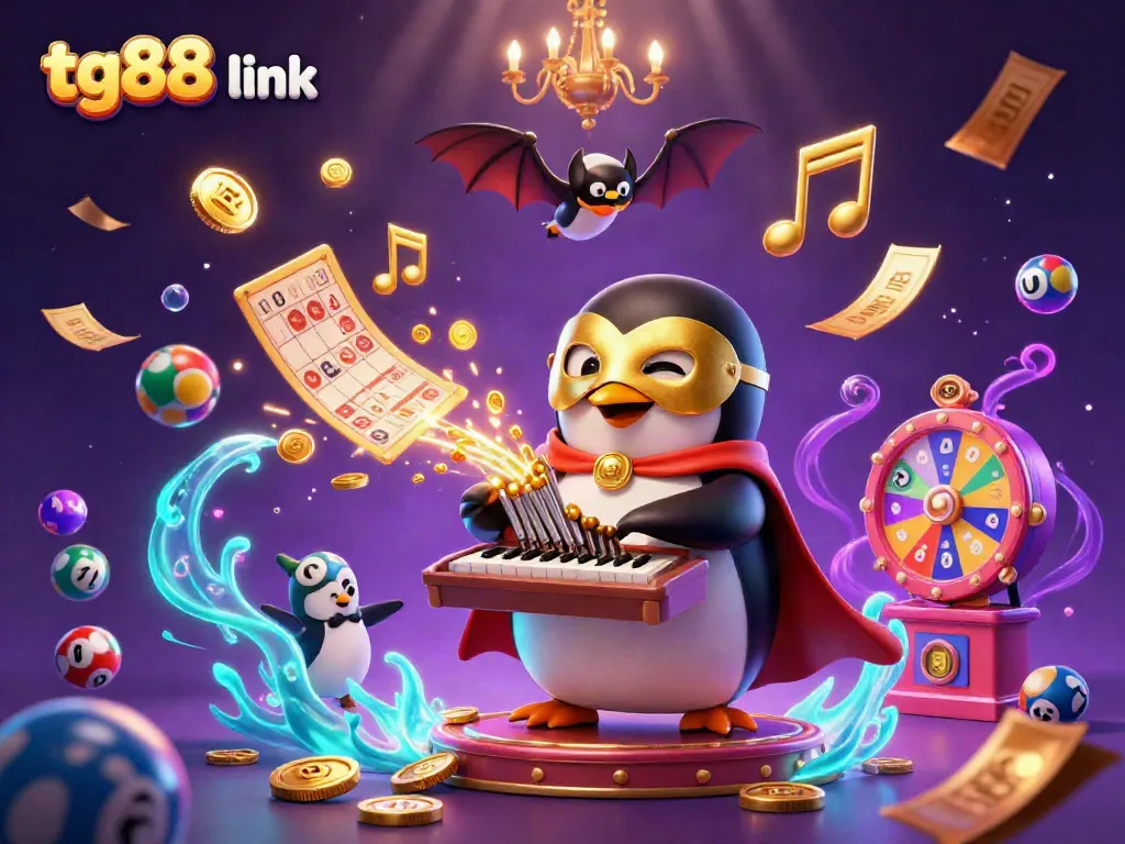 Engage with tg88 link through vibrant 3D casino fun with a penguin and acrobat, featuring dynamic gaming elements.