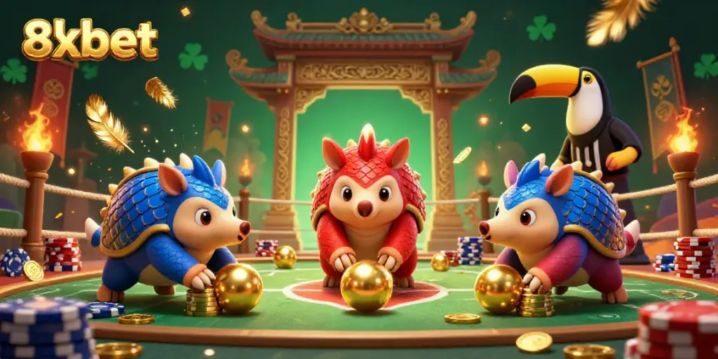 Engage with 8xbet through an exciting 3D illustration of rival pangolins in an energetic gambling environment.