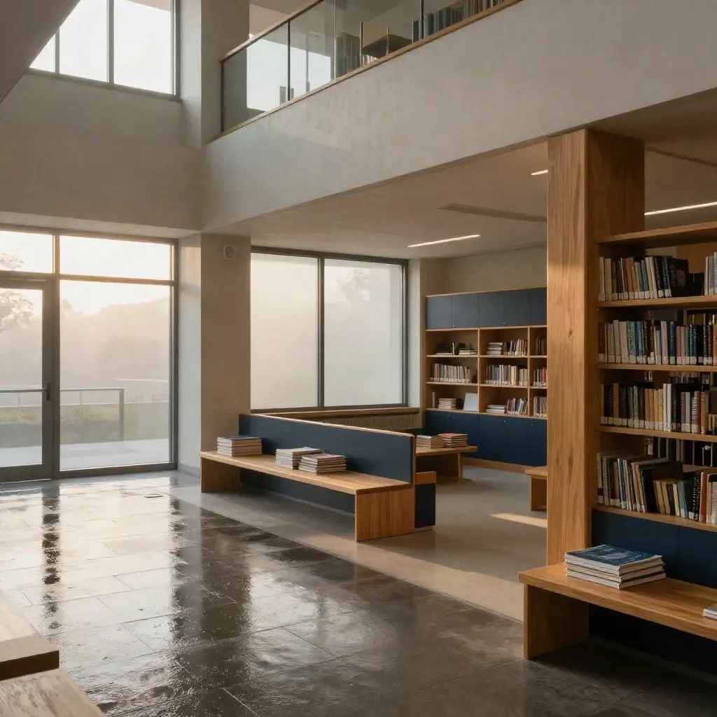 Pusty nowoczesny szkolny atrium z ławkami, biblioteką i porannym światłem po deszczu.