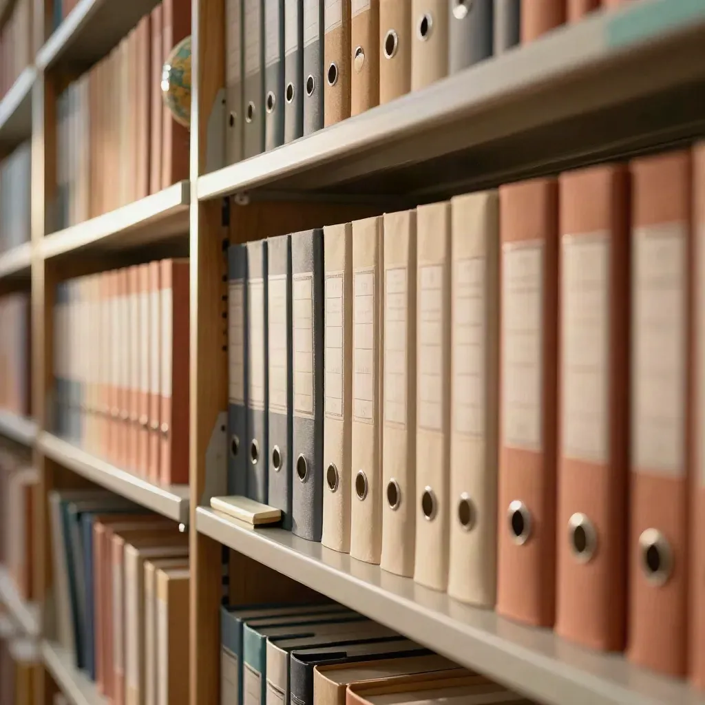 Półka z segregatorami kursów, globusem i tacką kredową w szkolnej bibliotece.