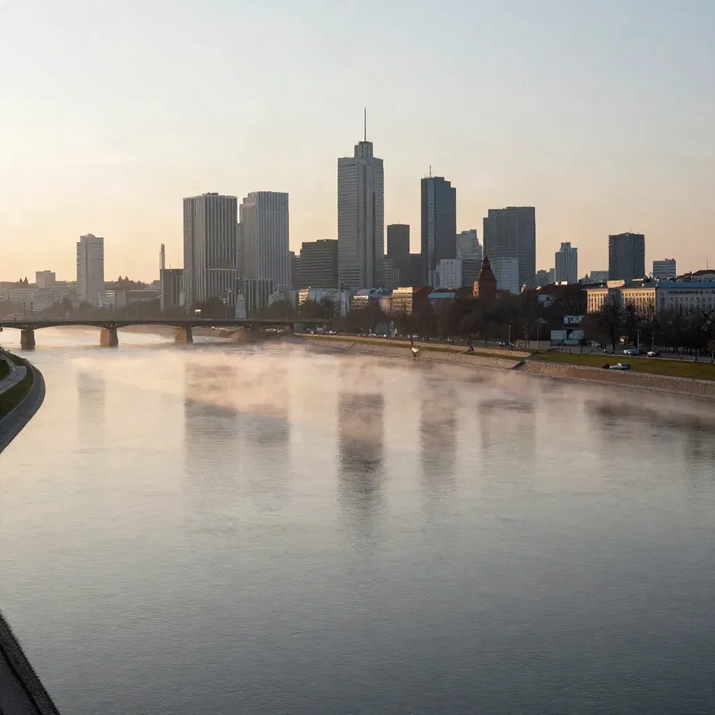 Warszawa nad Wisłą o świcie, mosty, mgła i spokojna tafla rzeki