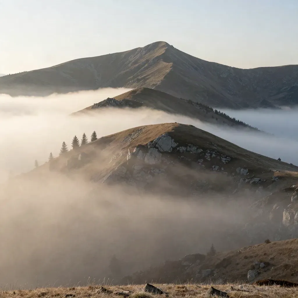 Tatry nad morzem chmur o świcie, mgła w dolinie i jasny grzbiet górski