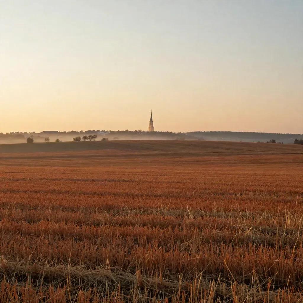 Złote pola Wielkopolski o zachodzie, z daleką wieżą kościoła i linią dachów na horyzoncie.
