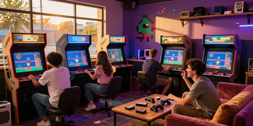 Experience nostalgia with friends playing classic arcade games at PECAH404 retro gaming lounge.