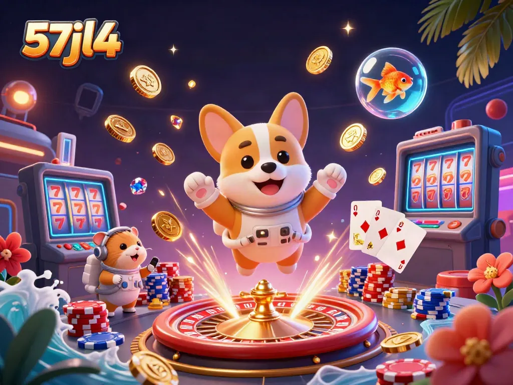 Engage with 57jl4’s captivating gambling scene featuring a floating corgi and hamster in space.