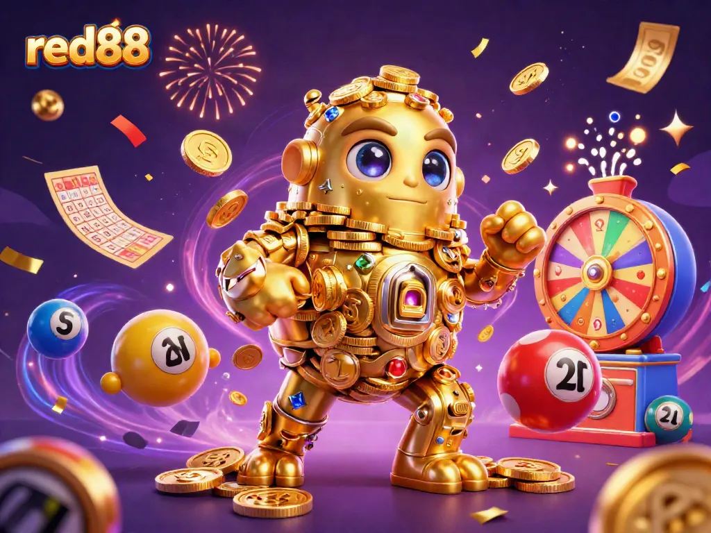 Engage with the dynamic red88 casino universe featuring a golden golem and vibrant lottery elements.