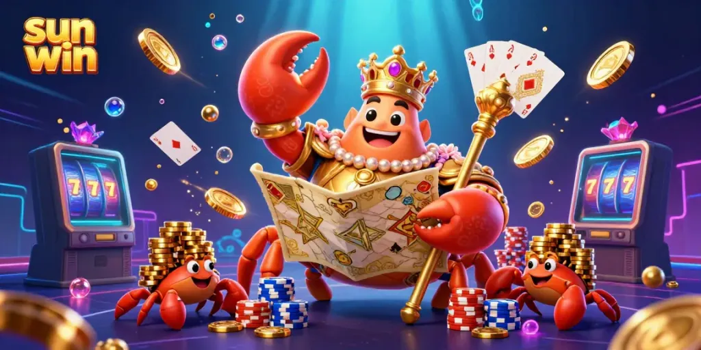 Experience the thrill of sun win as golden crabs and treasure maps unite in a vibrant casino scene.