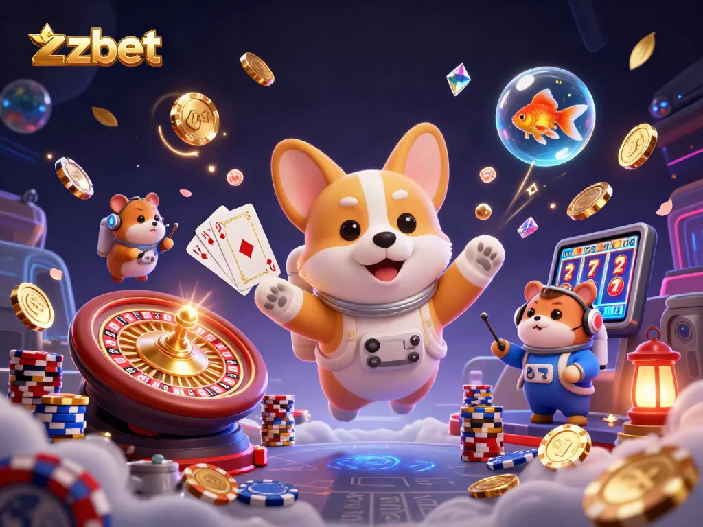 Zbet presents a lively casino scene with an astronaut corgi thriving in zero gravity, celebrating wins with coins and poker elements.