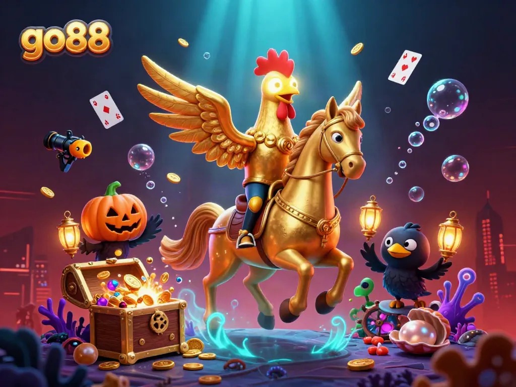 Join the thrilling action at go88, with a golden rooster and friends exploring a mystical casino.