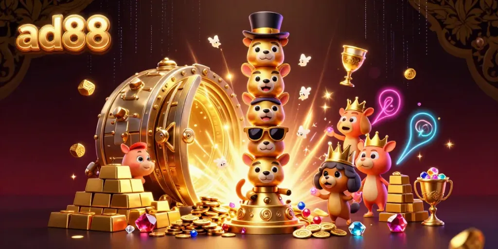 Experience the thrilling atmosphere of ad88 with a vibrant 3D totem surrounded by golden treasure and casino magic.