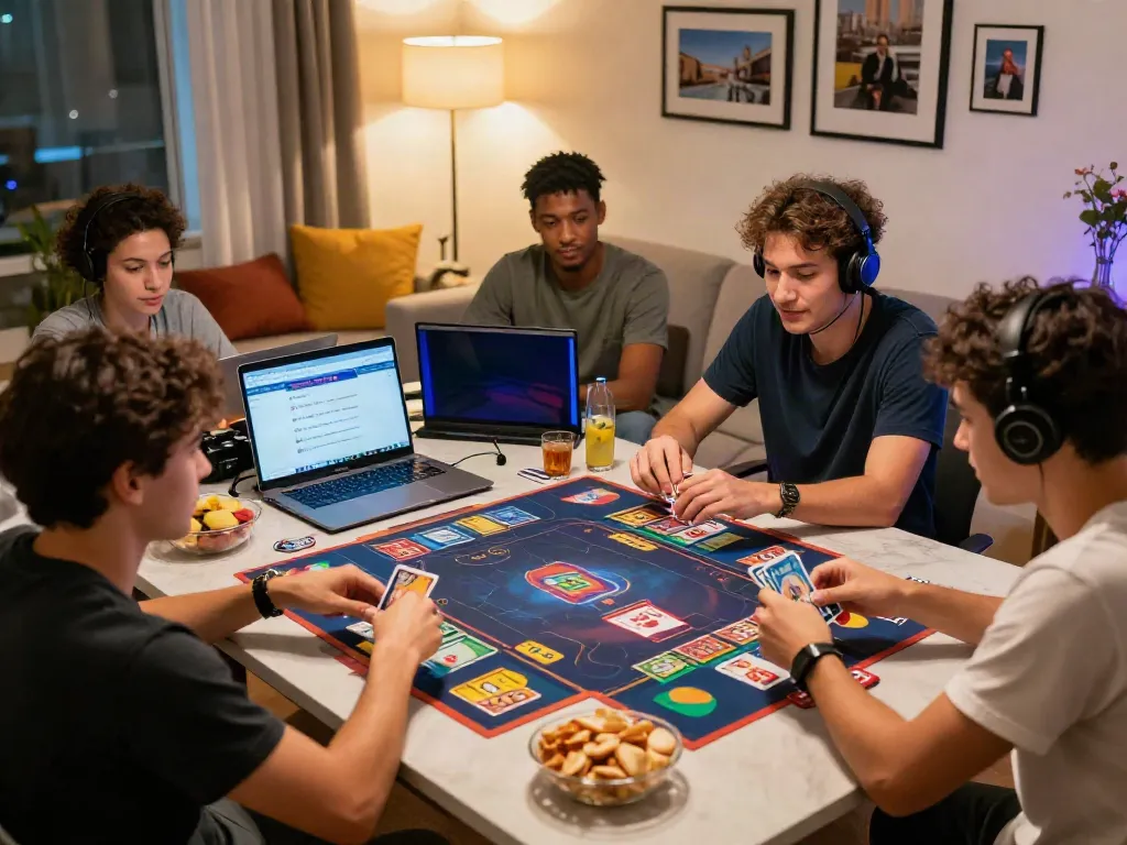 Exciting scene of friends enjoying a sun win card game in a cozy living room.
