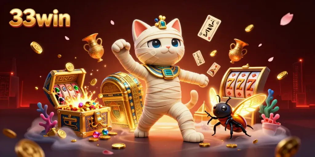 Engage in thrilling gameplay with 33win as Egyptian characters and dynamic casino elements surround an exciting gaming scene.