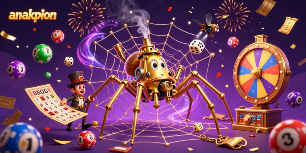 Anakpion showcases a cartoon spider capturing dice, emanating a vibrant and festive casino atmosphere.