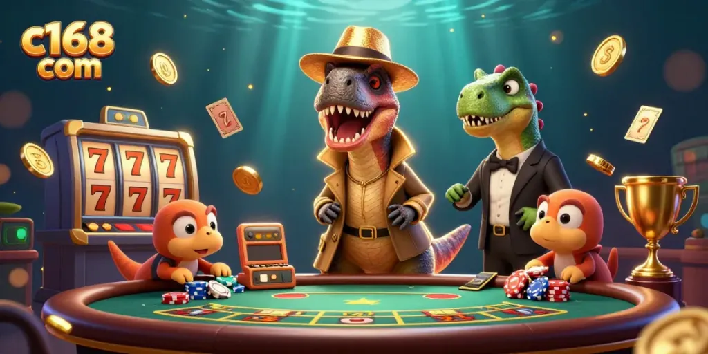 Experience thrilling gameplay at c168 com with a velociraptor card counter among vibrant casino action.