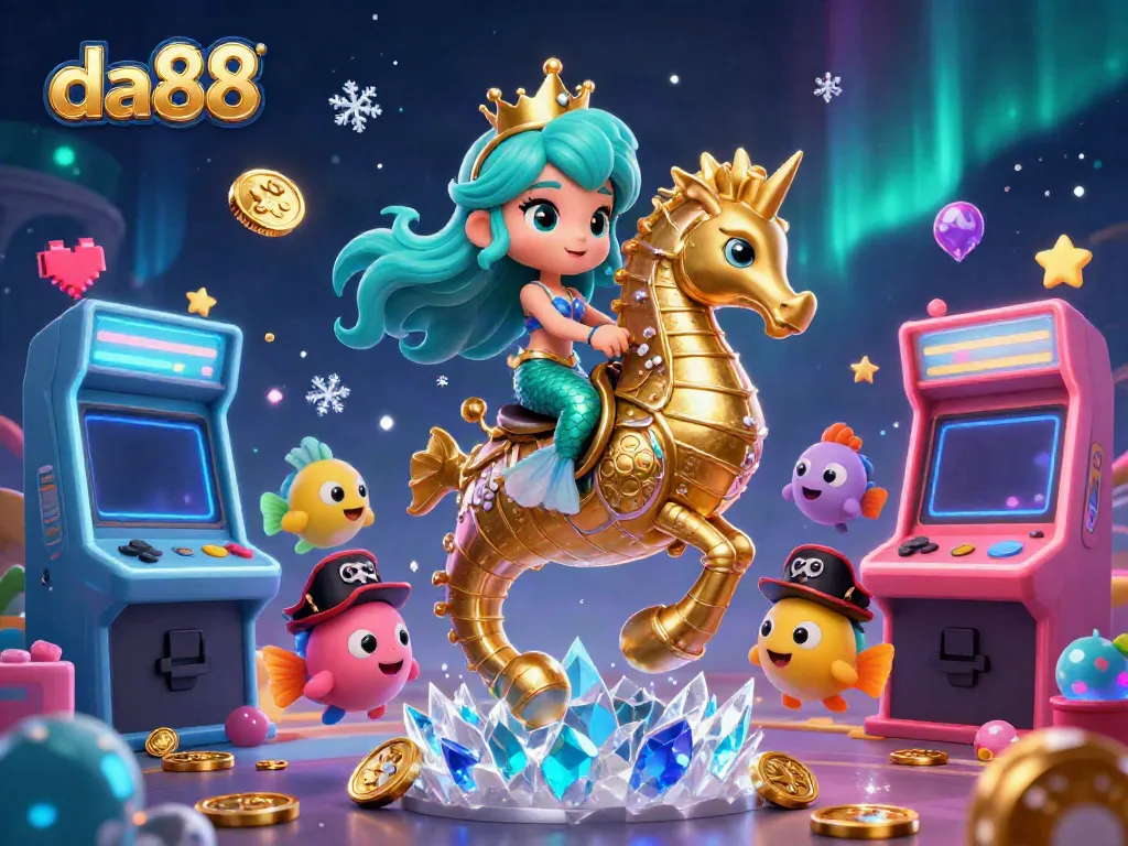 Experience the excitement of da88 with a vibrant 3D casino illustration depicting a mermaid princess riding a seahorse amidst colorful game elements.