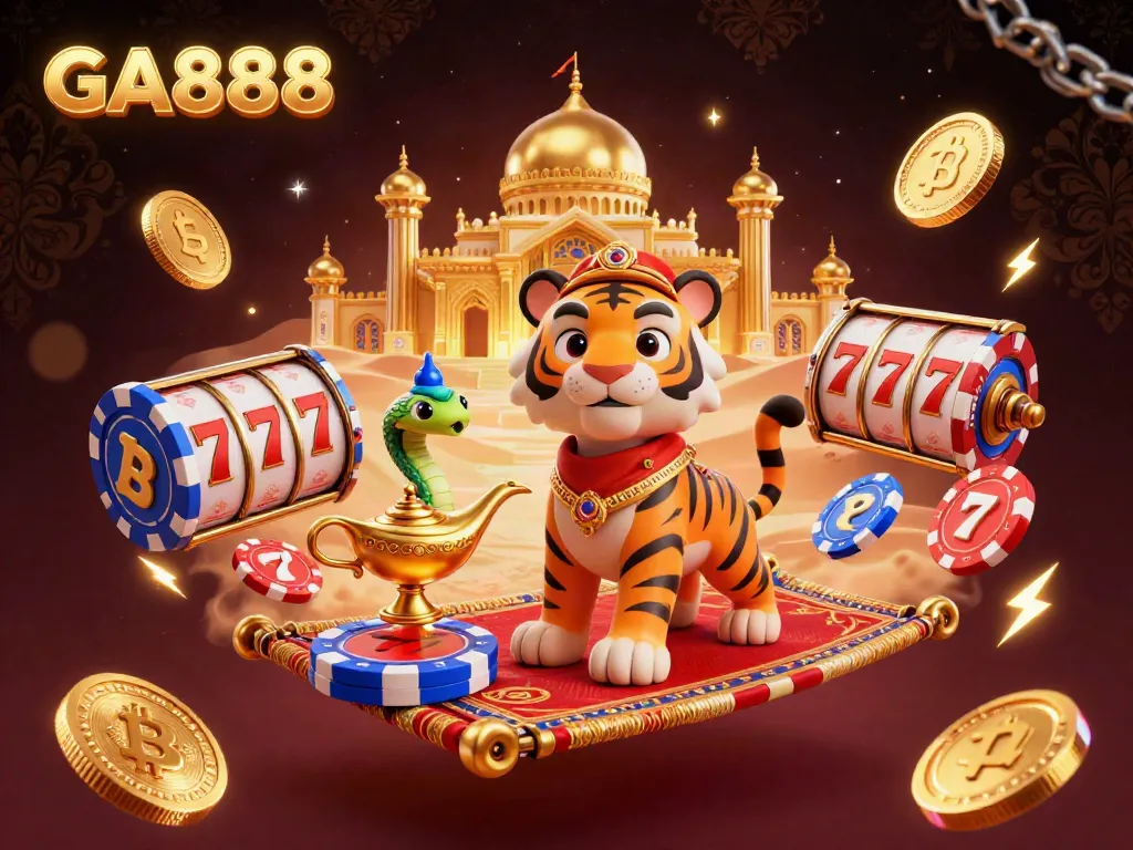 Experience thrilling gambling adventures with GA888 in a vibrant casino-themed illustration featuring a magical tiger sultan.