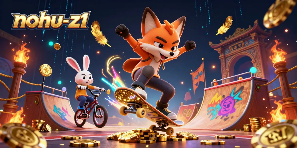 Experience thrilling action with nohu-z1, featuring a skateboarder fox and BMX rabbit in a vibrant casino scene.