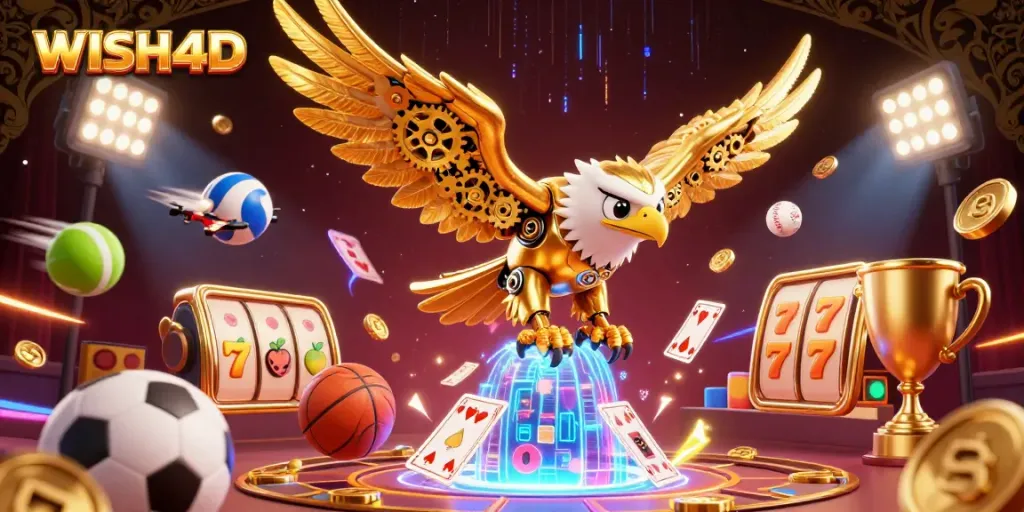 Experience immersive play with WISH4D amid vibrant slot reels and golden eagles in a dynamic casino scene.