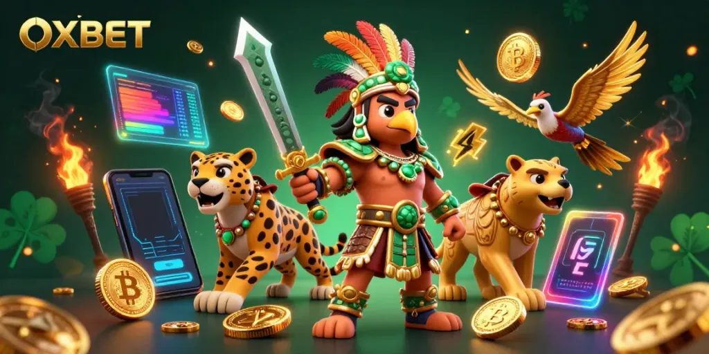 Engage with the vibrant OXBET scene featuring an Aztec warrior and crypto coins in a dynamic casino setting.